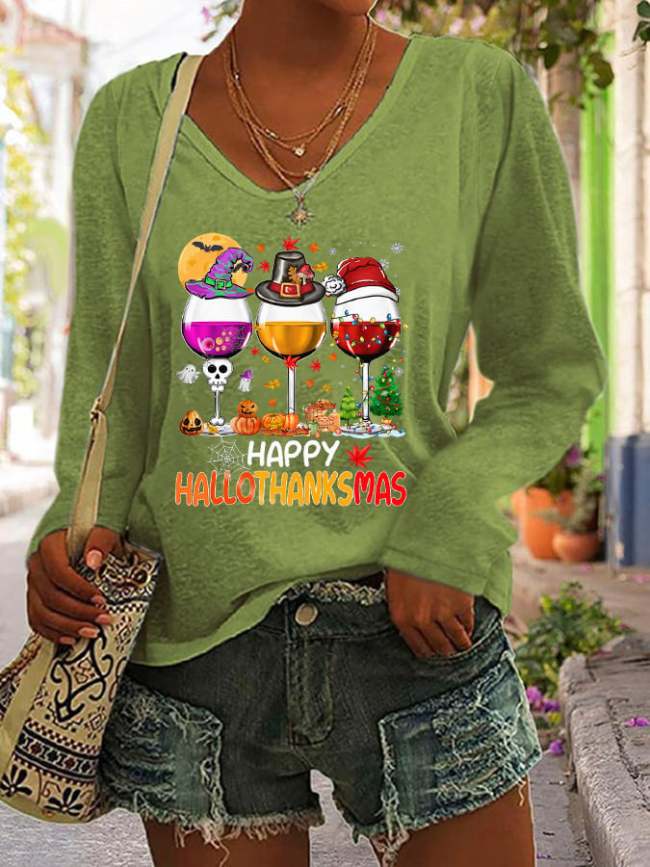 Women Happy Hallothanksmas Wine Print Long Sleeve V-Neck T-Shirt