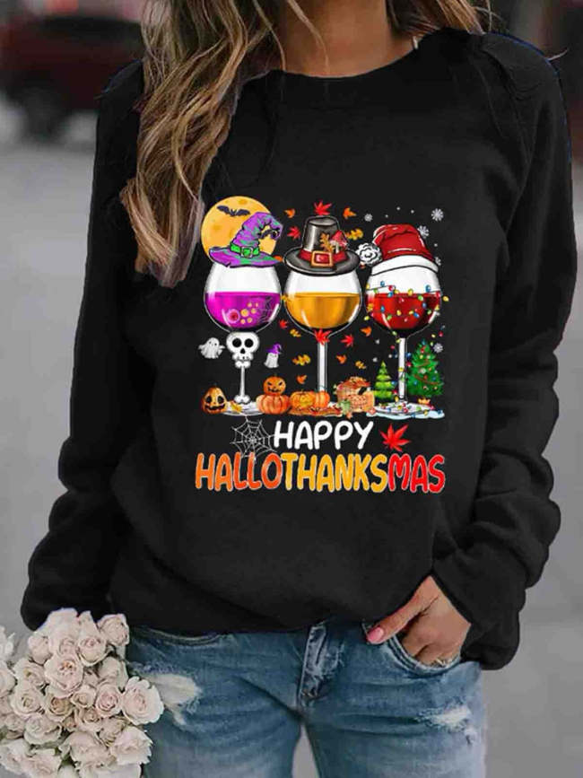 Women Happy Hallothanksmas Wine Graphic Pattern Casual Sweatshirt