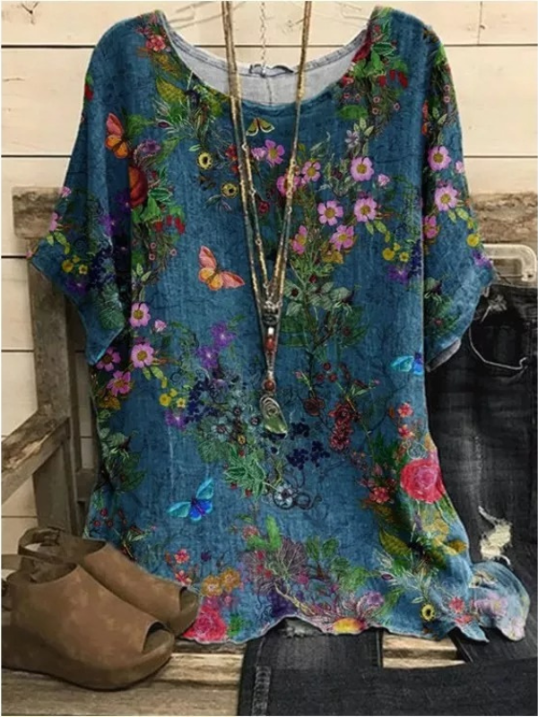 Round Neck Floral Print Casual Loose Short Sleeved Blouse Shirt Top