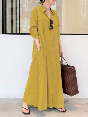 Women's Dress Cotton Linen Lapel Collar Single Breasted Loose Maxi Dress