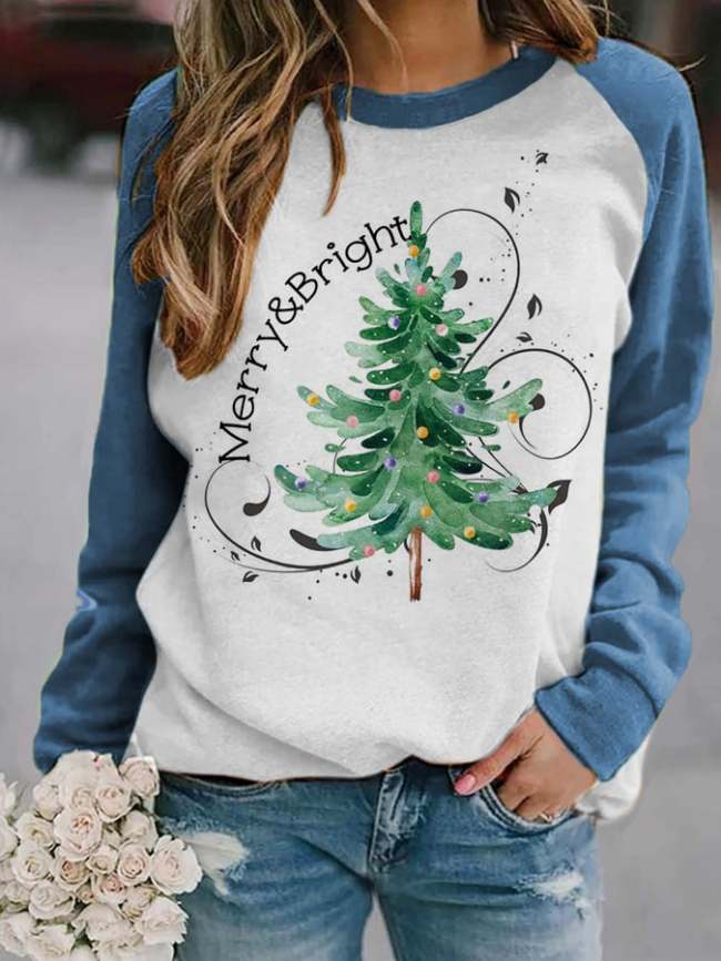 Women Merry Christmas Tree Print Casual Sweatshirt