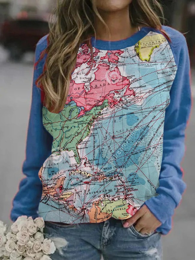 Women's Sweatshirt Map Printed Crew Neck Long Sleeve Casual Top