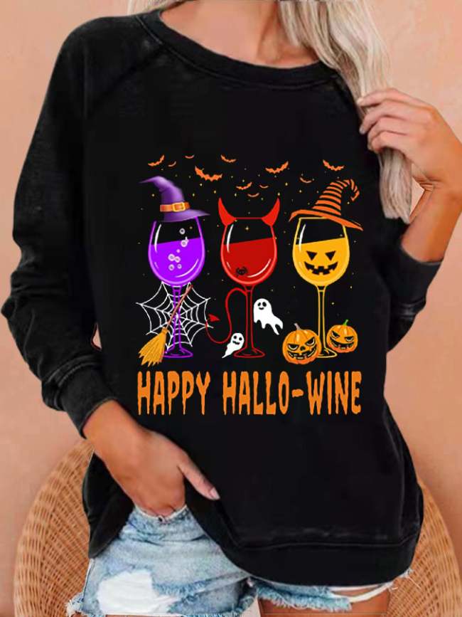 Women Funny Happy Halloween Wine Casual Sweatshirt
