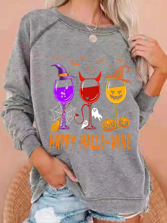 Women Funny Happy Halloween Wine Casual Sweatshirt
