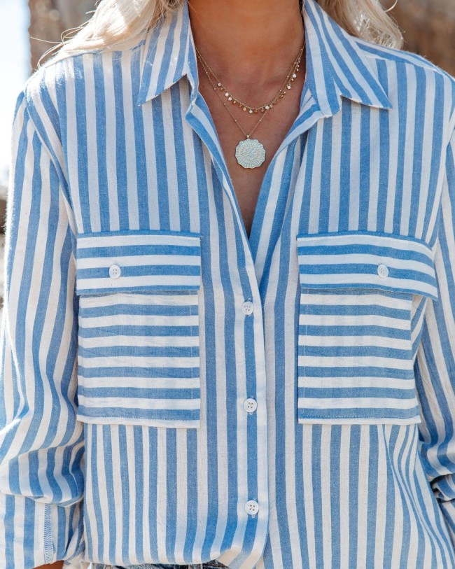 Women's Cotton Linen Shirt Striped Button Front Tunic Top