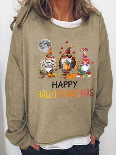 Women Happy Hallothanksmas Casual Printed Long Sleeve Sweatshirt