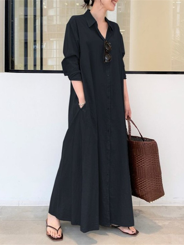 Women's Dress Cotton Linen Lapel Collar Single Breasted Loose Maxi Dress