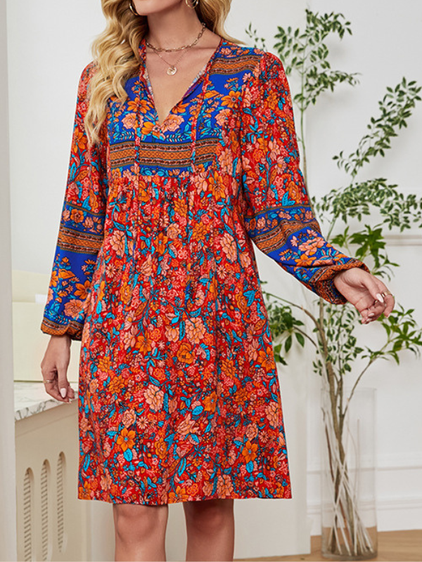 Women's Boho Dress V Neck Floral Print Long Sleeve Mini Holiday Beach Dress