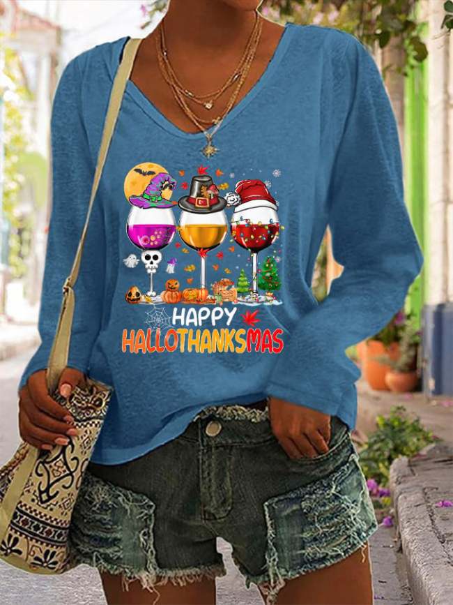 Women Happy Hallothanksmas Wine Print Long Sleeve V-Neck T-Shirt