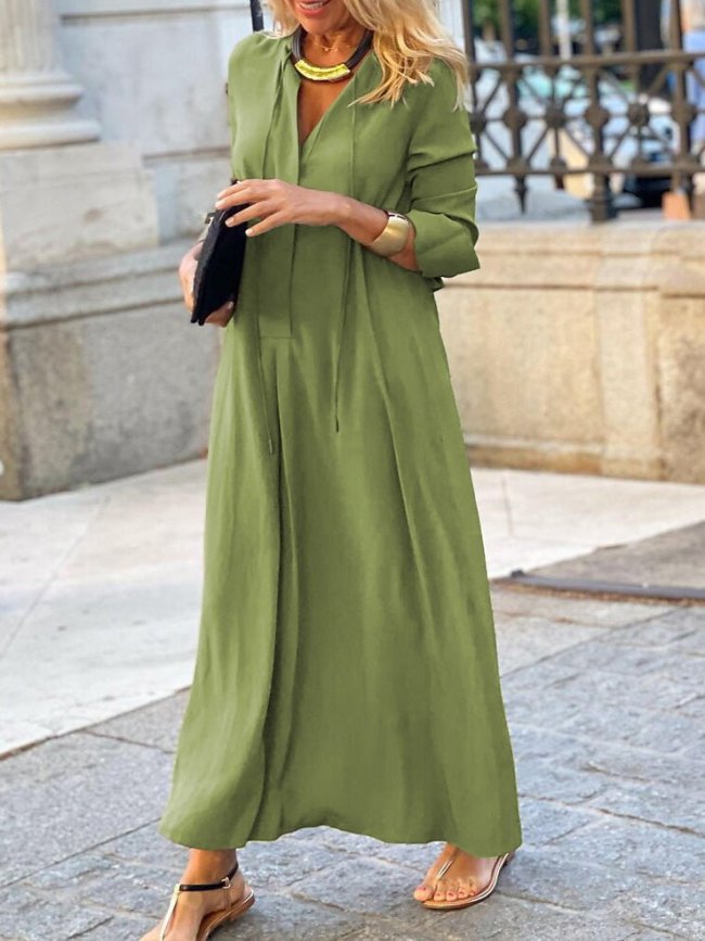 Women's Dresses Solid Color Lapel Long Sleeve Casual Maxi Dress