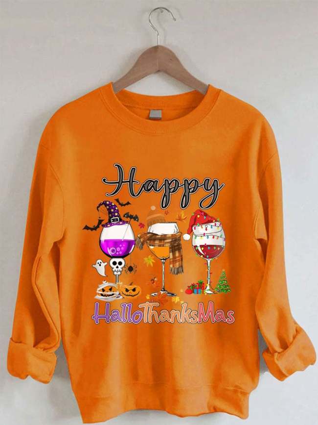 Women Happy Hallothanksmas Front and Back Print Sweatshirt
