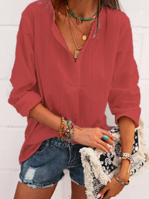 Women's Cotton Linen Shirt V-Neck Solid Color Long Sleeve Ladies Linen Blouse Top