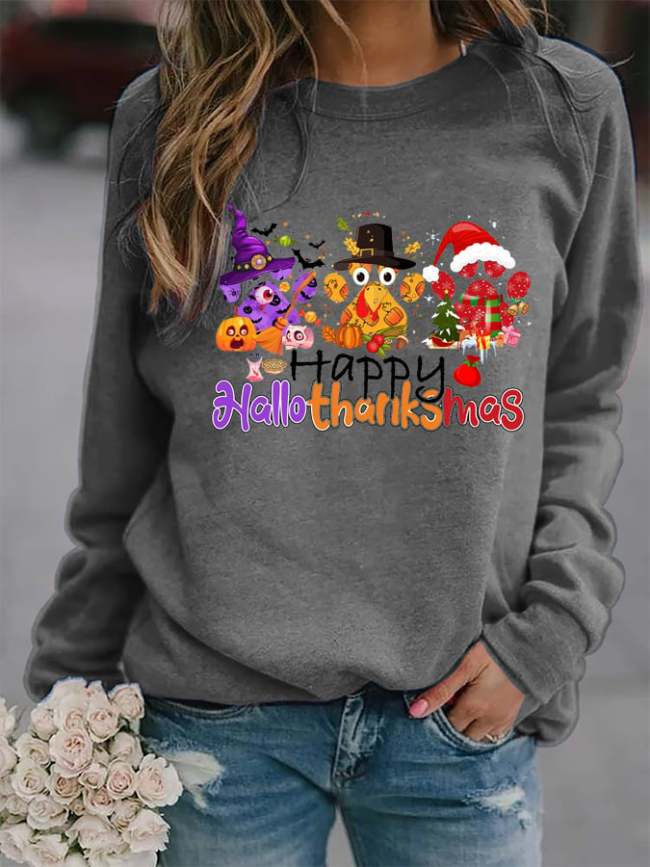 Women Happy Hallothanksmas Dog Paw Print Sweatshirt