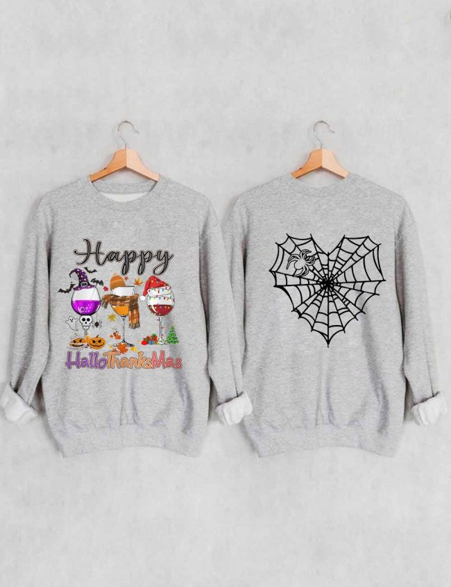 Women Happy Hallothanksmas Front and Back Print Sweatshirt