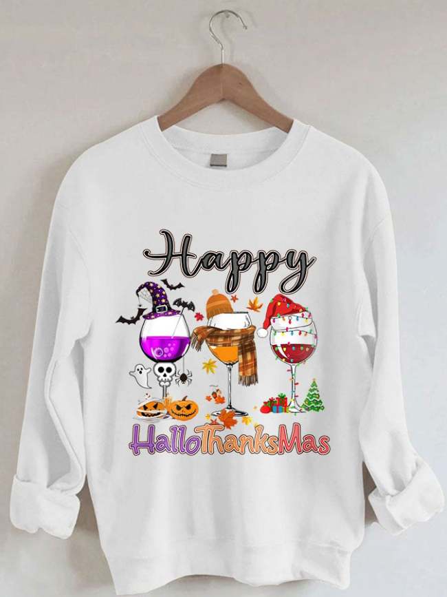 Women Happy Hallothanksmas Front and Back Print Sweatshirt