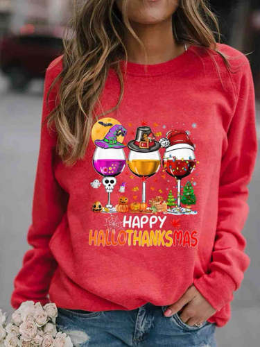 Women Happy Hallothanksmas Wine Graphic Pattern Casual Sweatshirt
