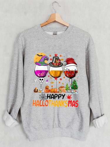 Women Happy Hallothanksmas Wine Print Sweatshirt