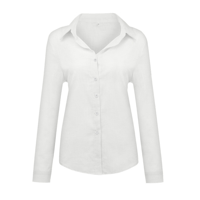 Women's Cotton Linen Shirt Lapel Solid Color Long Sleeve Ladies Linen Blouse Top