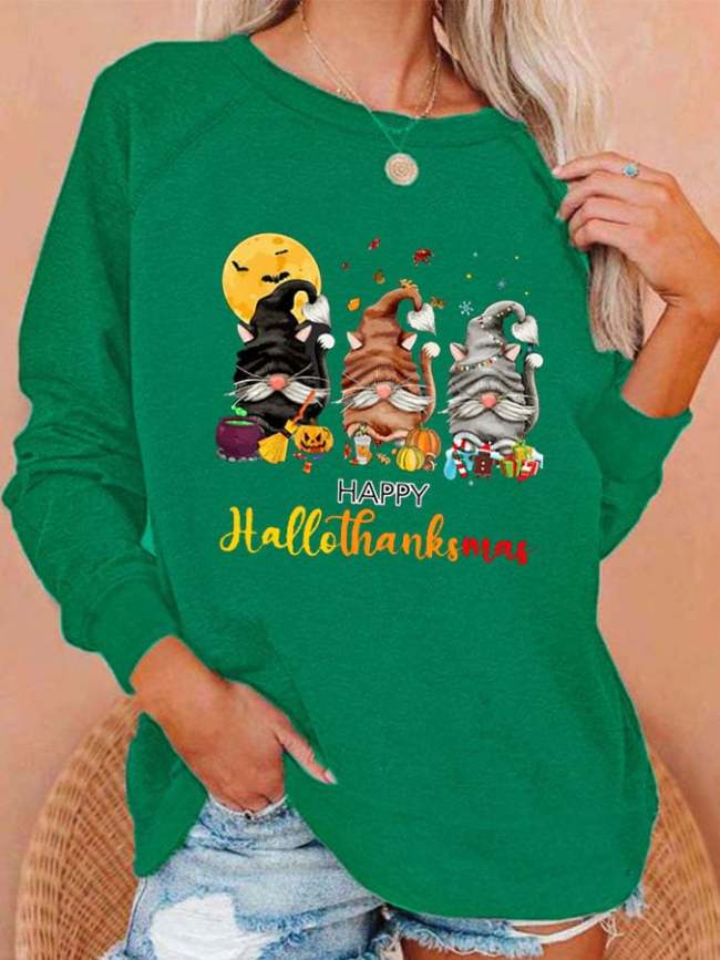 Women Happy Hallothanksmas Gnome Cats Print Casual Sweatshirt