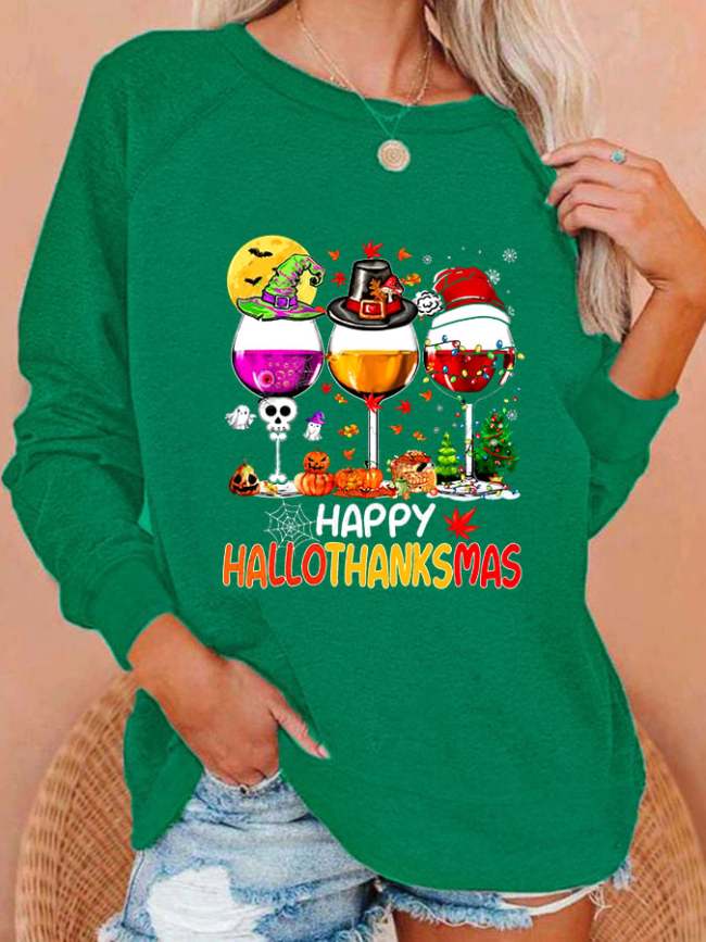 Women Happy Hallothanksmas Wine Print Sweatshirt