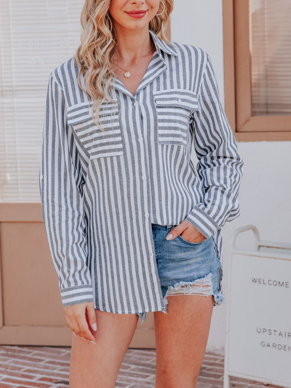 Women's Cotton Linen Shirt Striped Button Front Tunic Top