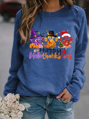 Women Happy Hallothanksmas Dog Paw Print Sweatshirt