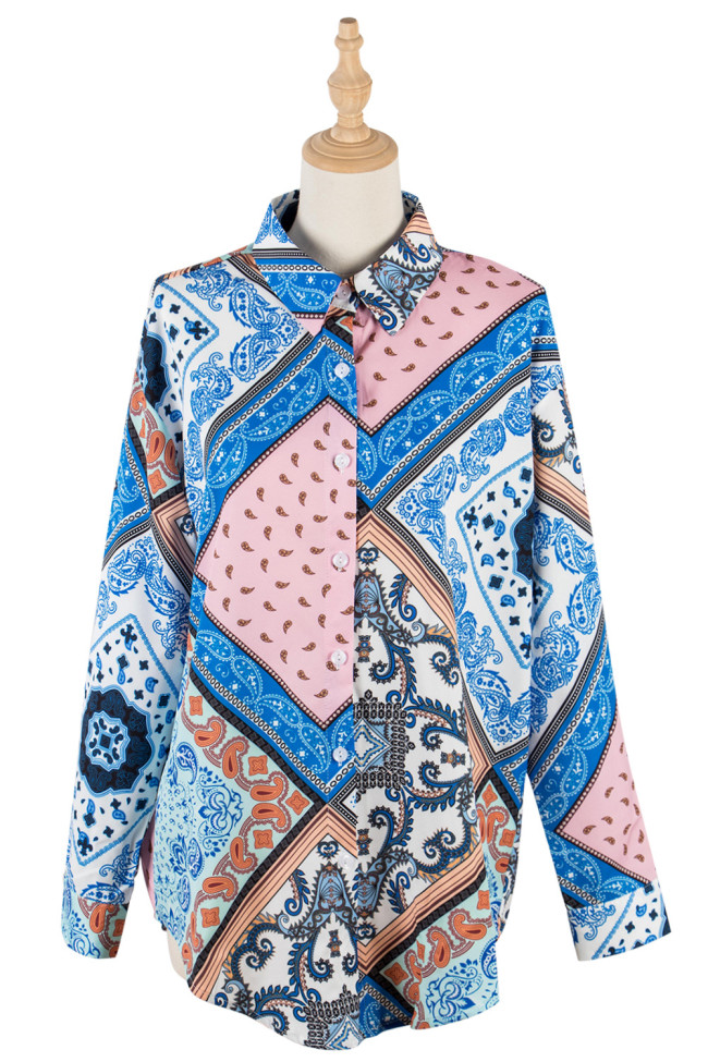 Womens Shirt Lapel Long Sleeve Abstract Print Patchwork Boho Shirt