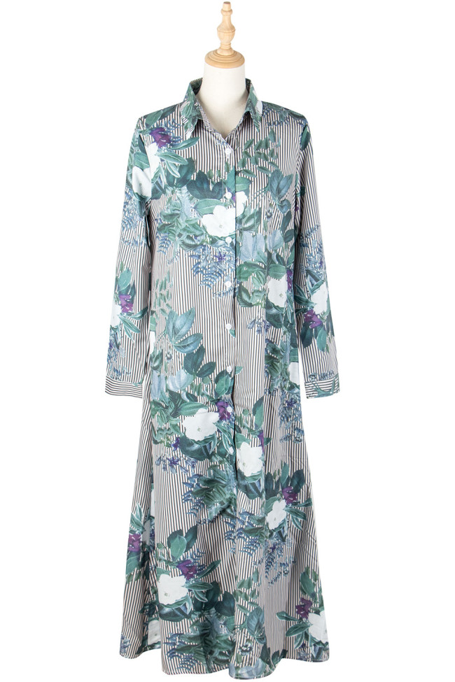 Women's Dress Lapel Floral Print Long Sleeves Single-Breasted Long Shirt Dress