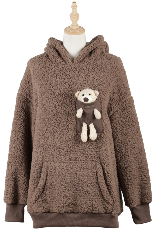 Women's Plush Hooded 3D Bear Pocket Brown Fleece Sweatshirt