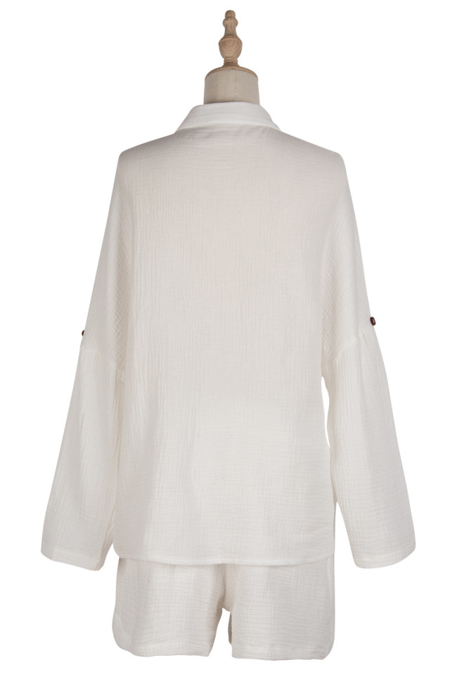 Women's Set Cotton Linen Long Sleeve Casual Shirt and Short Linen Pat 2Piece Set