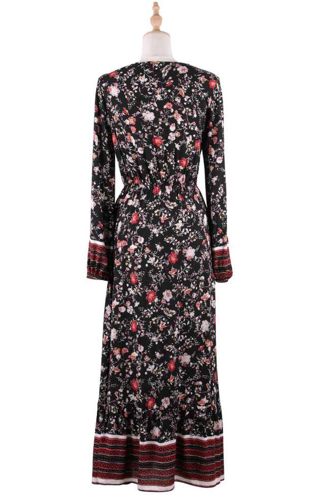 Women's Dress V-Neck Black Floral Print Long Sleeves Long Maxi Boho Dress