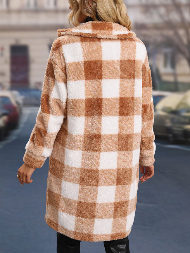 Women's Jacket Coat Lapel Single Breast Plaid Check Shirt Long Fleece Coat