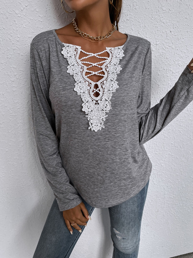 Women Fall T-Shirt Casual Lace Hollow Out V Neck Long Sleeve Tee Top