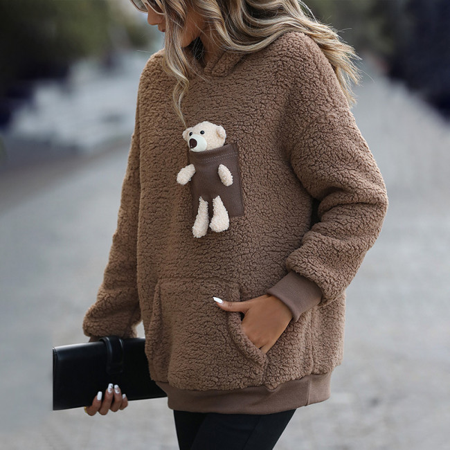 Women's Plush Hooded 3D Bear Pocket Brown Fleece Sweatshirt