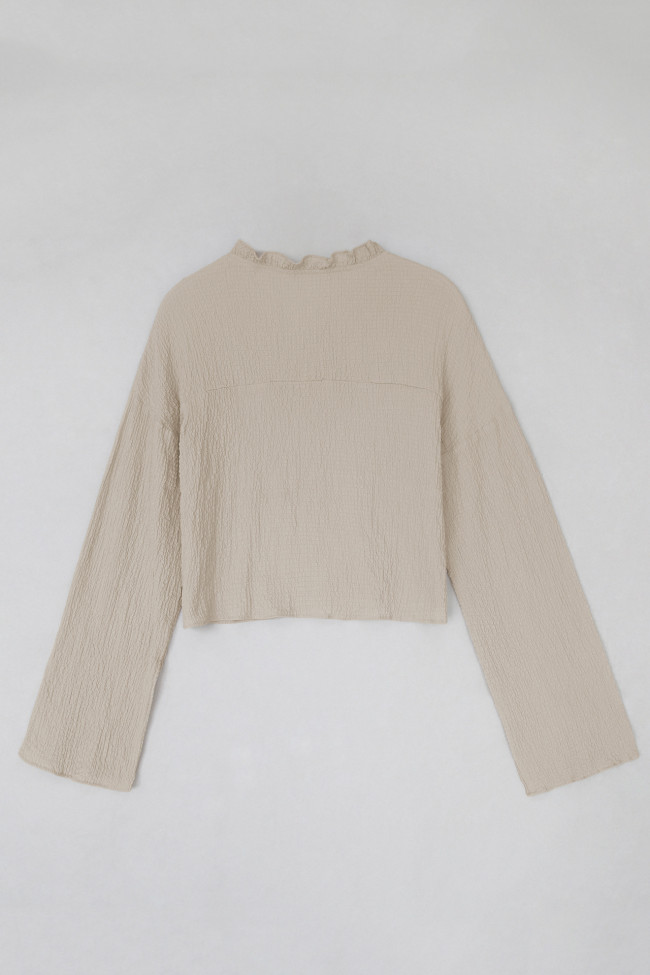 Solid Color V-Neck Shirt Loose Ruffle Long Sleeve Top