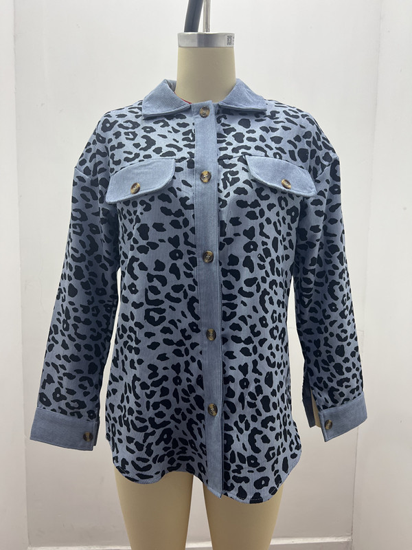 Women Corduroy Shacket Leopard Print With Pocket Button Down Long-Sleeved Vintage Pink Blue Color Women's Coat
