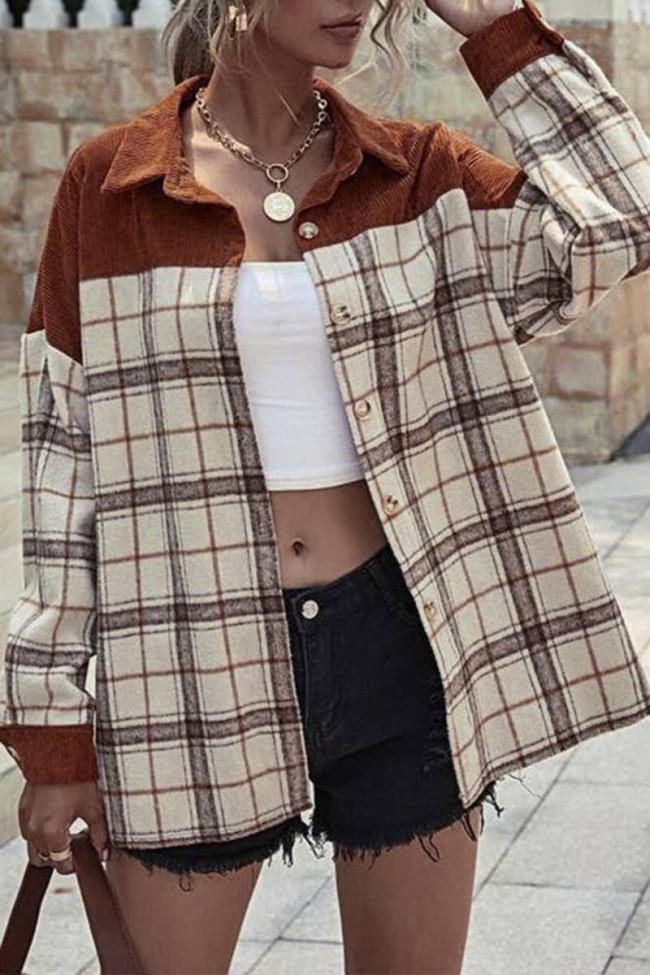 Casual Household Daily Vintage Checked/Plaid Corduroy Women Outerwear
