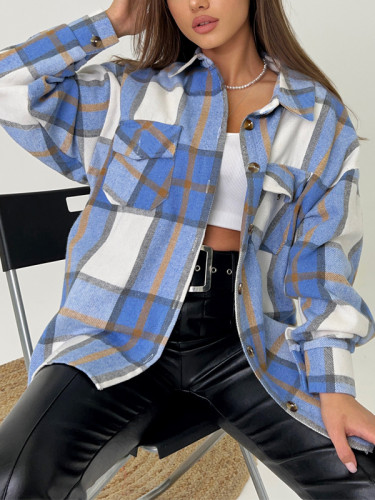 Women's Plaid Jacket Lapel Single Breasted Check Shirt Shacket with Pocket