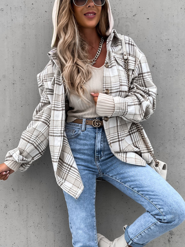 Womens Plaid Jacket Lapel Single Breasted Check Hoodie Shacket with Detachable Hoody