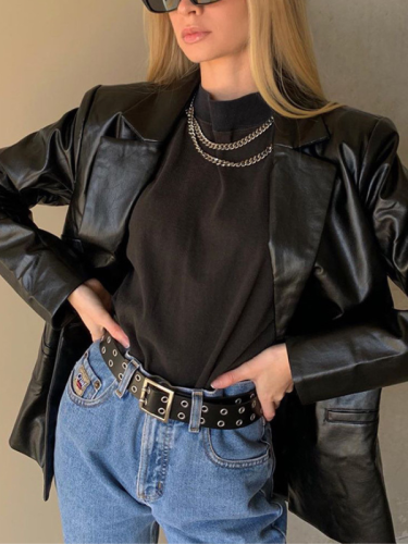 Women's Jacket PU Leather Solid Color Lapel Long Sleeve PU Blazer