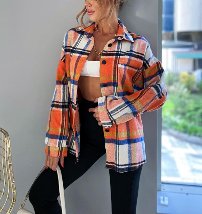 Women's Plaid Jacket Lapel Single Breasted Check Shirt Shacket for Women