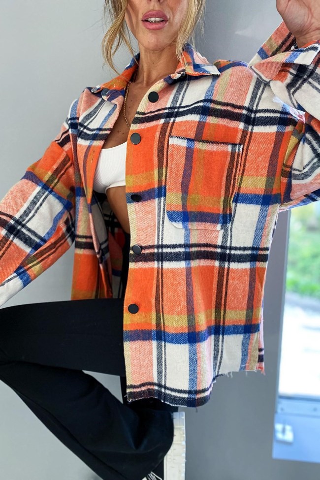 Women's Plaid Jacket Lapel Single Breasted Check Shirt Shacket for Women