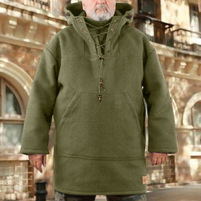 Men's Hooded Coat Adjustable Tie Neck Front Pocket Wool Coat with Hoody
