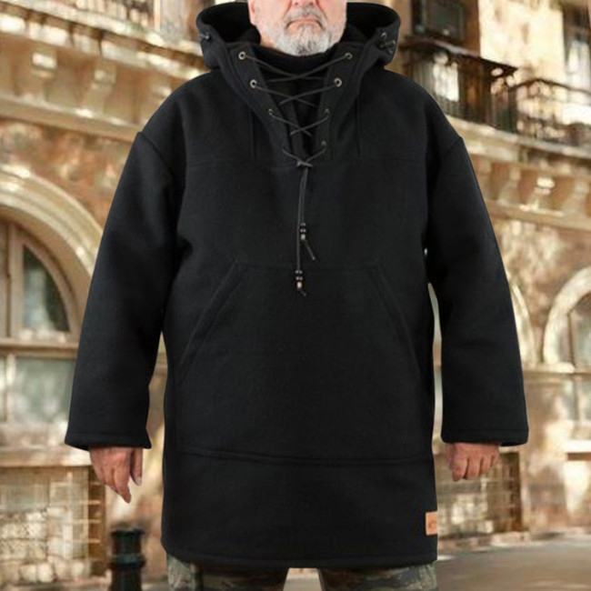 Men's Hooded Coat Adjustable Tie Neck Front Pocket Wool Coat with Hoody
