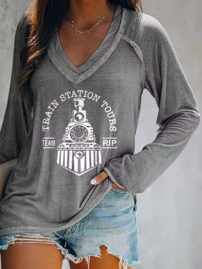 Train Station Tours V-neck Long Sleeve T-shirt