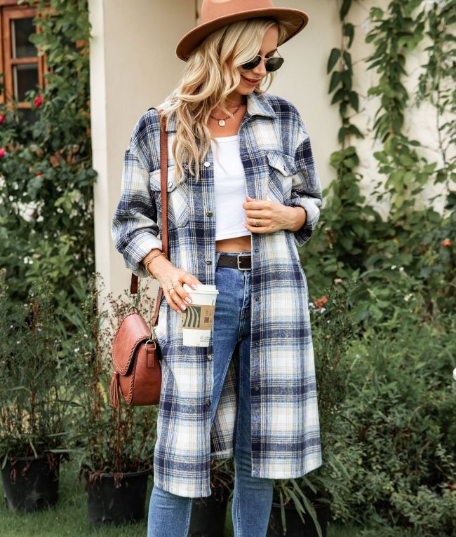 Women's Plaid Shacket INS Style Woolen Plaid Print Long Sleeve Jacket Long-Length Check Shacket