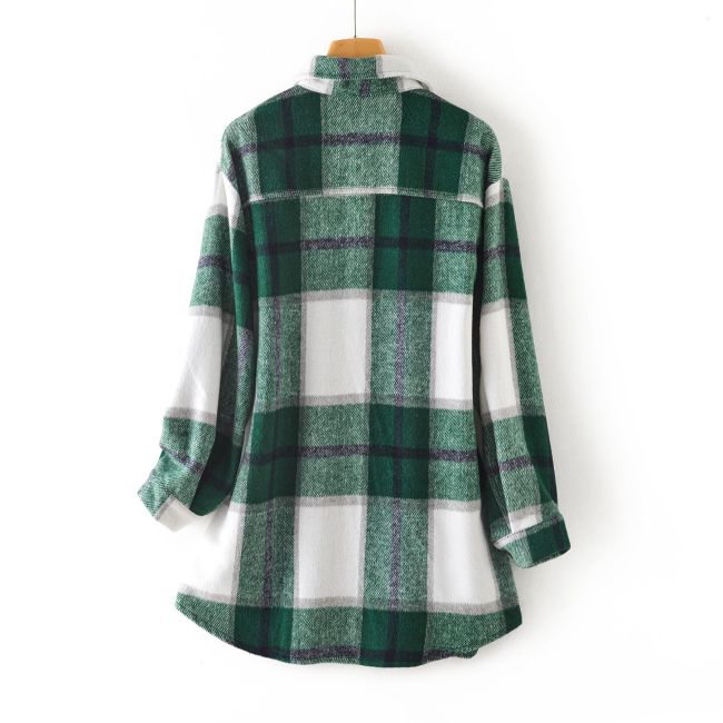 Women's Plaid Shacket INS Style Woolen Plaid Print Long Sleeve Jacket Mid-Length Check Shacket