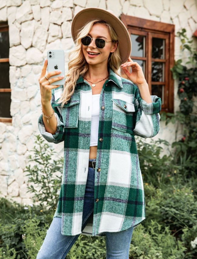 Women's Plaid Shacket INS Style Woolen Plaid Print Long Sleeve Jacket Mid-Length Check Shacket