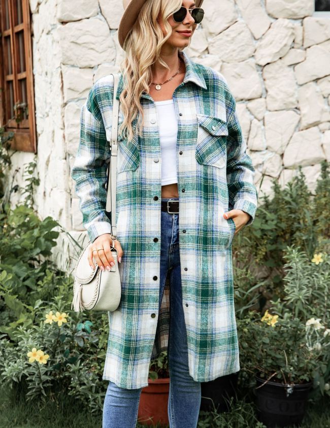 Women's Plaid Shacket INS Style Woolen Plaid Print Long Sleeve Jacket Long-Length Check Shacket