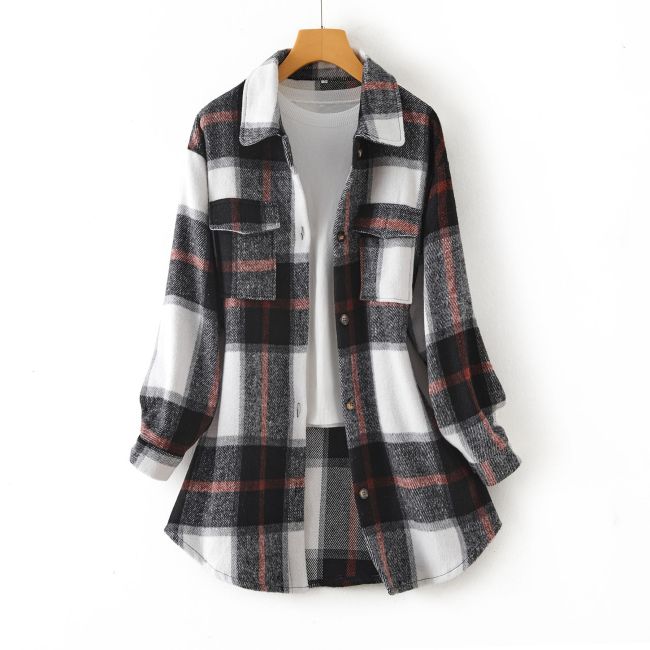 Women's Plaid Shacket INS Style Woolen Plaid Print Long Sleeve Jacket Mid-Length Check Shacket